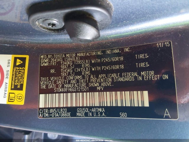 Aukcja sprzedaży 2016 Toyota Highlander Xle V6, vin: 5TDKKRFH6GS121501, numer aukcji: 46243347