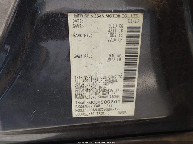 Продаж на аукціоні авто 2013 Nissan Altima 2.5 Sv, vin: 1N4AL3AP2DN500801, номер лоту: 46243350