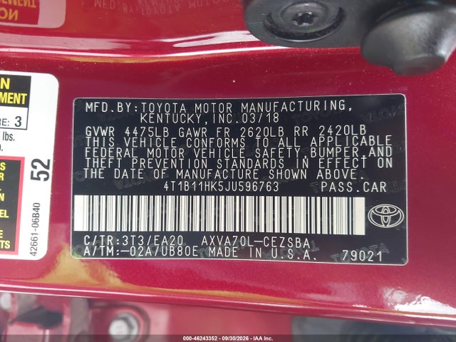 46243352 :رقم المزاد ، 4T1B11HK5JU596763 vin ، 2018 Toyota Camry Se مزاد بيع