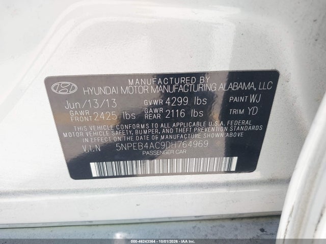Продаж на аукціоні авто 2013 Hyundai Sonata Gls Pzev, vin: 5NPEB4AC9DH764969, номер лоту: 46243364