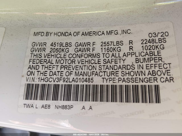 Продажа на аукционе авто 2020 Honda Accord Hybrid Touring, vin: 1HGCV3F92LA010485, номер лота: 46243368