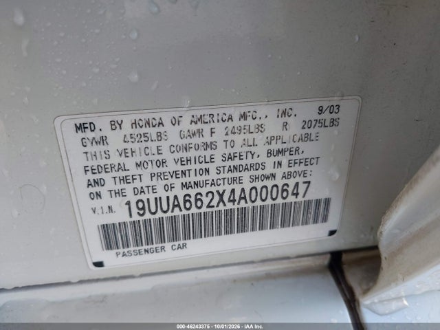 2004 Acura Tl მანქანა იყიდება აუქციონზე, vin: 19UUA662X4A000647, აუქციონის ნომერი: 46243375