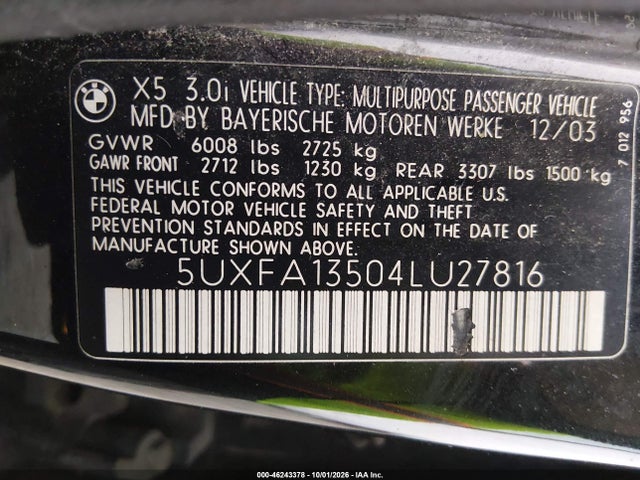 Продаж на аукціоні авто 2004 Bmw X5 3.0i, vin: 5UXFA13504LU27816, номер лоту: 46243378