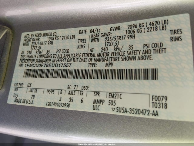 46243385 :رقم المزاد ، 1FMCU0F78EUD17557 vin ، 2014 Ford Escape S مزاد بيع