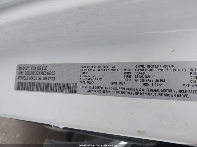 Aukcja sprzedaży 2021 Ram Promaster 2500 High Roof 159 Wb, vin: 3C6LRVDGXME516362, numer aukcji: 46243389