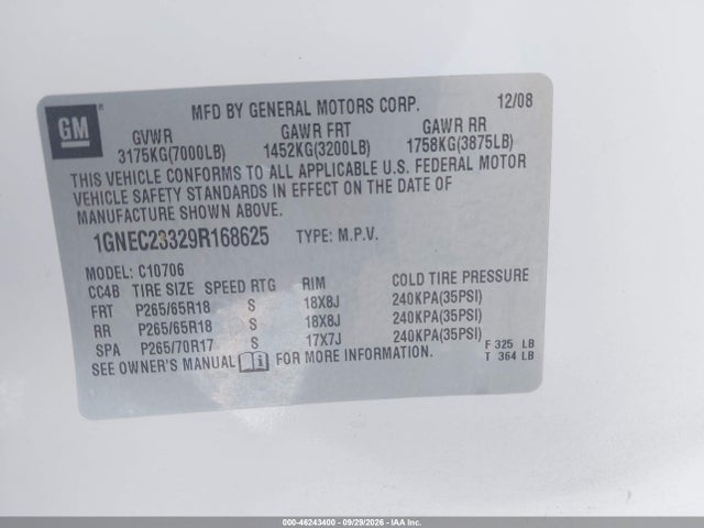 Aukcja sprzedaży 2009 Chevrolet Tahoe Lt1, vin: 1GNEC23329R168625, numer aukcji: 46243400