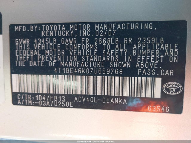 2007 Toyota Camry Le მანქანა იყიდება აუქციონზე, vin: 4T1BE46K07U659768, აუქციონის ნომერი: 46243404