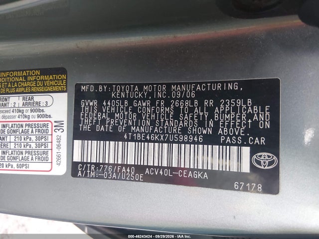 2007 Toyota Camry Xle მანქანა იყიდება აუქციონზე, vin: 4T1BE46KX7U598946, აუქციონის ნომერი: 46243424