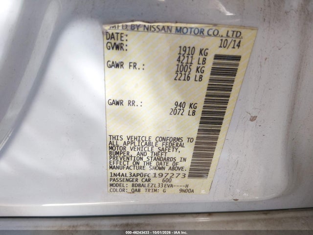 2015 Nissan Altima 2.5 S მანქანა იყიდება აუქციონზე, vin: 1N4AL3AP0FC197273, აუქციონის ნომერი: 46243433