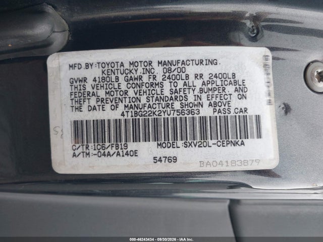 Aukcja sprzedaży 2000 Toyota Camry Le, vin: 4T1BG22K2YU756363, numer aukcji: 46243434