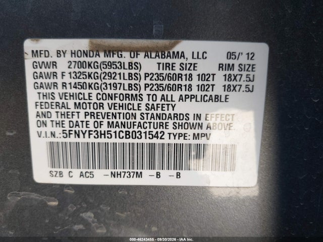 46243455 :رقم المزاد ، 5FNYF3H51CB031542 vin ، 2012 Honda Pilot Ex-l مزاد بيع