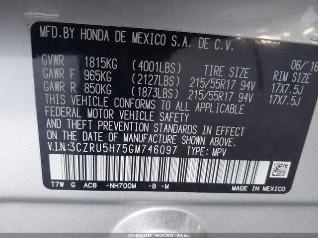 2016 Honda Hr-v Ex-l მანქანა იყიდება აუქციონზე, vin: 3CZRU5H75GM746097, აუქციონის ნომერი: 46243459