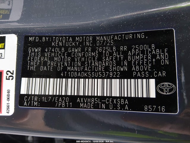 Продажа на аукционе авто 2025 Toyota Camry Se, vin: 4T1DBADK5SU537922, номер лота: 46243474
