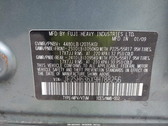 46243483 :رقم المزاد ، JF2SH636X9H788256 vin ، 2009 Subaru Forester 2.5x مزاد بيع