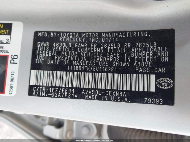 46243485 :رقم المزاد ، 4T1BD1FKXEU116281 vin ، 2014 Toyota Camry Hybrid Le مزاد بيع