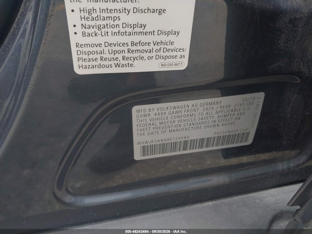 Aukcja sprzedaży 2010 Volkswagen Passat Komfort, vin: WVWJK7ANXAE129580, numer aukcji: 46243494