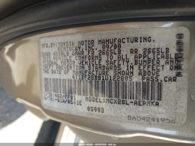 Aukcja sprzedaży 2001 Toyota Avalon Xl, vin: 4T1BF28B81U122605, numer aukcji: 46243506