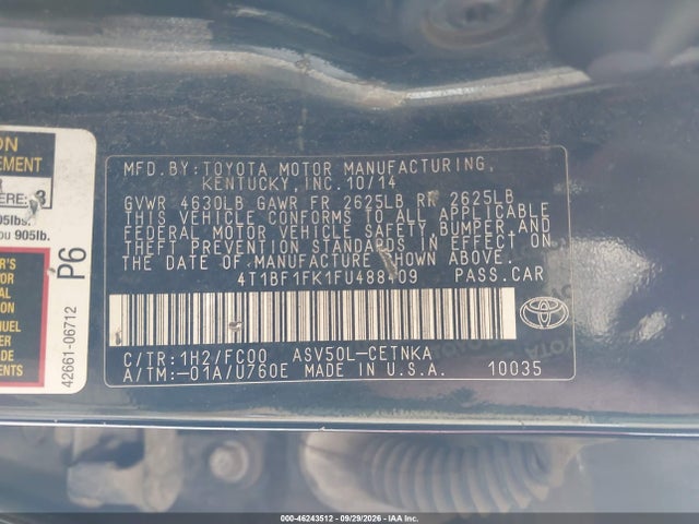 46243512 :رقم المزاد ، 4T1BF1FK1FU488409 vin ، 2015 Toyota Camry Le مزاد بيع