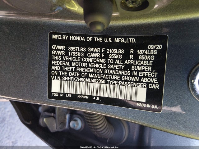 Aukcja sprzedaży 2021 Honda Civic Sport Touring, vin: SHHFK7H90MU402350, numer aukcji: 46243514