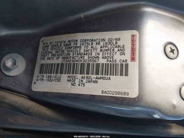 46243515 :رقم المزاد ، JT2AE92W0K3235567 vin ، 1989 Toyota Corolla Dlx مزاد بيع