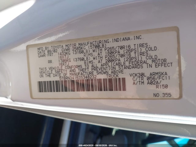 46243520 :رقم المزاد ، 5TBRN34163S348232 vin ، 2003 Toyota Tundra Sr5 مزاد بيع