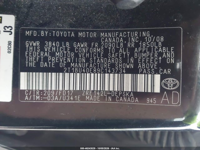 Продажа на аукционе авто 2009 Toyota Corolla S, vin: 2T1BU40E89C143734, номер лота: 46243529