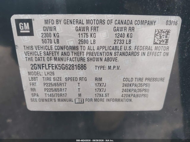 Aukcja sprzedaży 2016 Chevrolet Equinox Lt, vin: 2GNFLFEK5G6281686, numer aukcji: 46243530