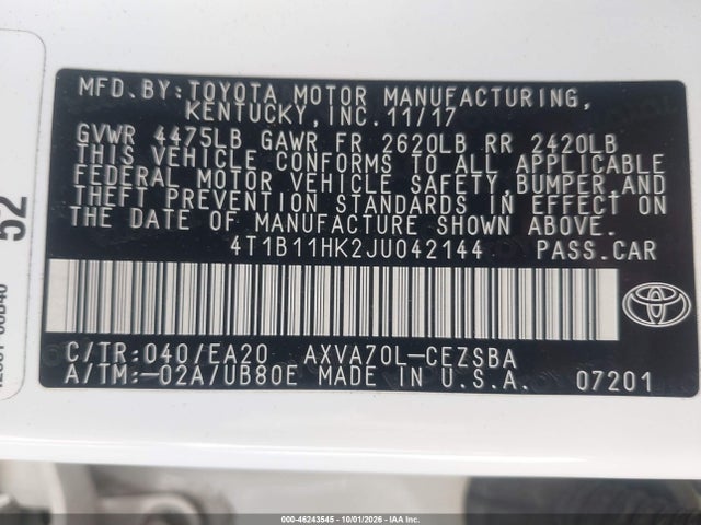 46243545 :رقم المزاد ، 4T1B11HK2JU042144 vin ، 2018 Toyota Camry Se مزاد بيع