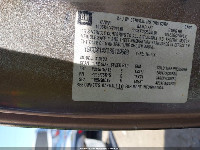 Продаж на аукціоні авто 2003 Chevrolet S-10 Ls, vin: 1GCCS14X338129568, номер лоту: 46243559