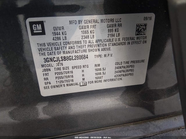 Продажа на аукционе авто 2016 Chevrolet Trax Lt, vin: 3GNCJLSB8GL280684, номер лота: 46243560