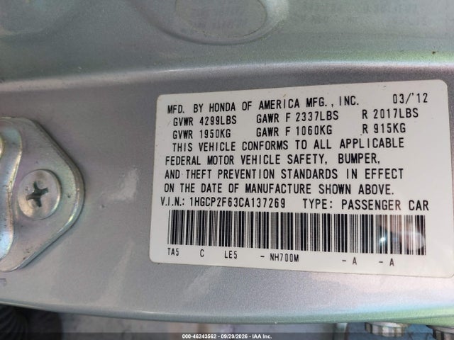 46243562 :رقم المزاد ، 1HGCP2F63CA137269 vin ، 2012 Honda Accord 2.4 Se مزاد بيع