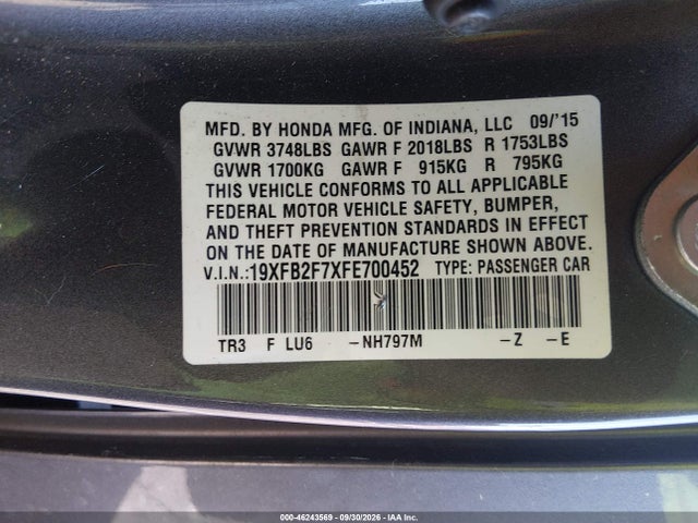 Продаж на аукціоні авто 2015 Honda Civic Se, vin: 19XFB2F7XFE700452, номер лоту: 46243569