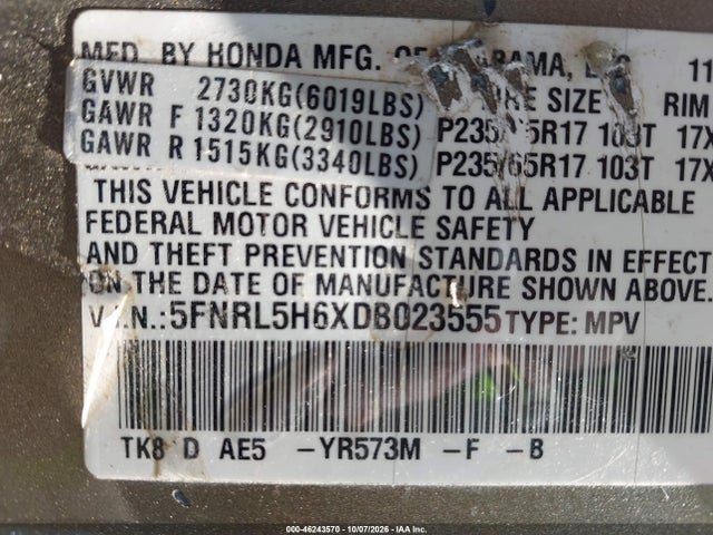 Aukcja sprzedaży 2013 Honda Odyssey Ex-l, vin: 5FNRL5H6XDB023555, numer aukcji: 46243570