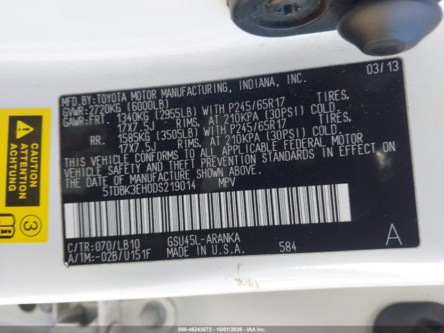 Продаж на аукціоні авто 2013 Toyota Highlander Se V6, vin: 5TDBK3EH0DS219014, номер лоту: 46243573