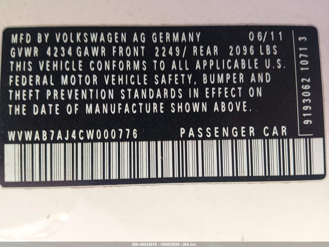 Aukcja sprzedaży 2012 Volkswagen Golf 2.5l 2-door, vin: WVWAB7AJ4CW000776, numer aukcji: 46243578
