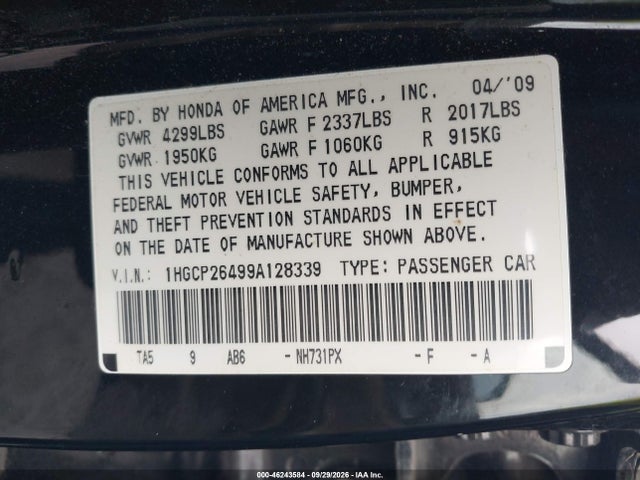 Продаж на аукціоні авто 2009 Honda Accord 2.4 Lx-p, vin: 1HGCP26499A128339, номер лоту: 46243584