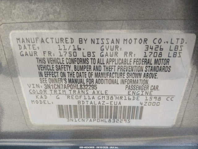 2017 Nissan Versa 1.6 S+ მანქანა იყიდება აუქციონზე, vin: 3N1CN7AP0HL832295, აუქციონის ნომერი: 46243609