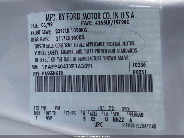 Aukcja sprzedaży 1999 Ford Mustang, vin: 1FAFP4041XF163091, numer aukcji: 46243612