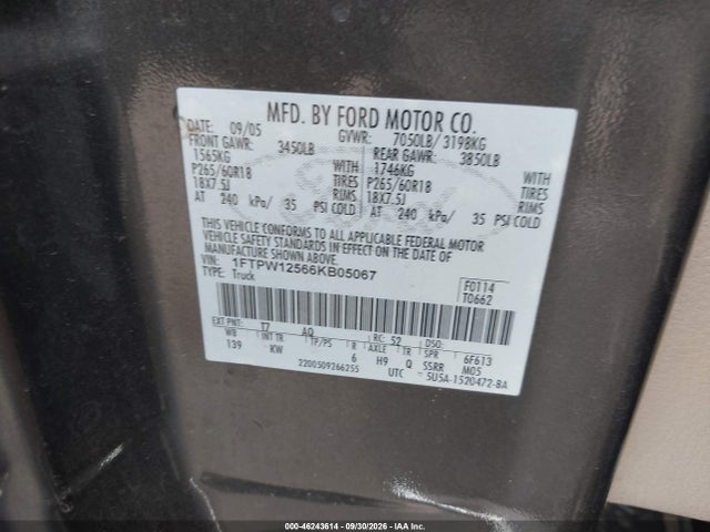 46243614 :رقم المزاد ، 1FTPW12566KB05067 vin ، 2006 Ford F-150 Lariat/xlt مزاد بيع