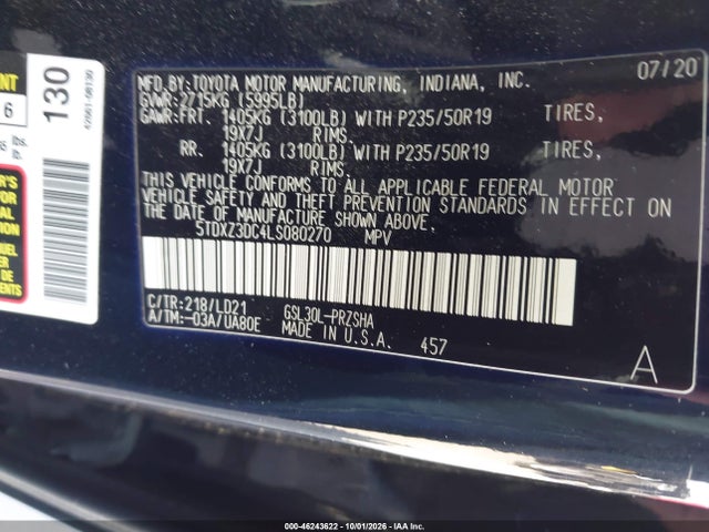 Aukcja sprzedaży 2020 Toyota Sienna Se, vin: 5TDXZ3DC4LS080270, numer aukcji: 46243622