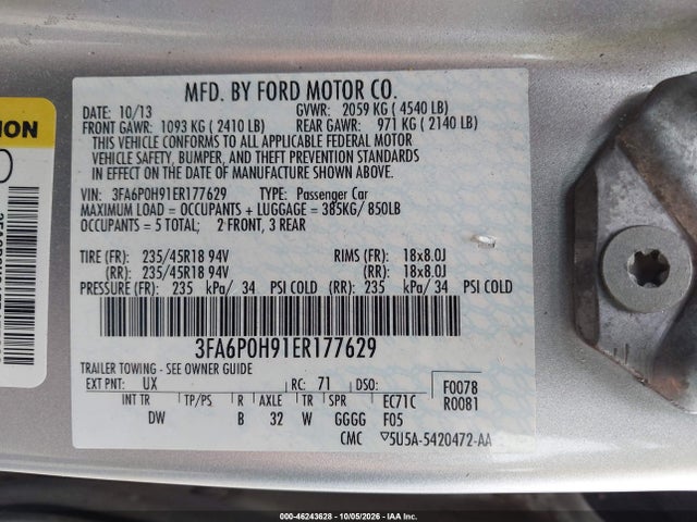 2014 Ford Fusion Se მანქანა იყიდება აუქციონზე, vin: 3FA6P0H91ER177629, აუქციონის ნომერი: 46243628