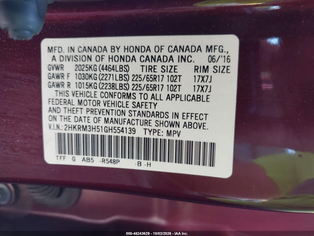 Продаж на аукціоні авто 2016 Honda Cr-v Ex, vin: 2HKRM3H51GH554139, номер лоту: 46243629