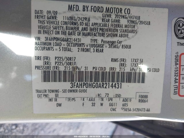 Aukcja sprzedaży 2010 Ford Fusion Se, vin: 3FAHP0HG0AR214431, numer aukcji: 46243638