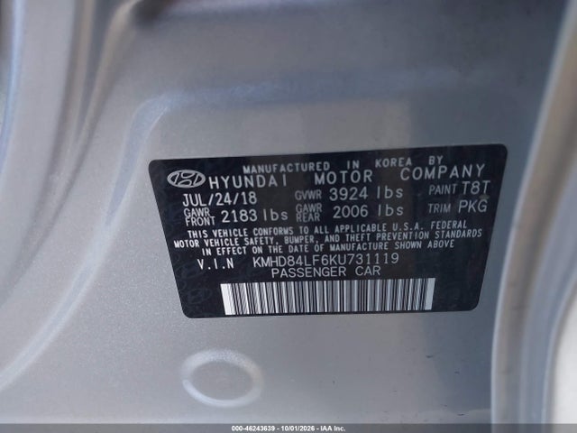 KMHD84LF6KU731119 Hyundai ELANTRA SEL