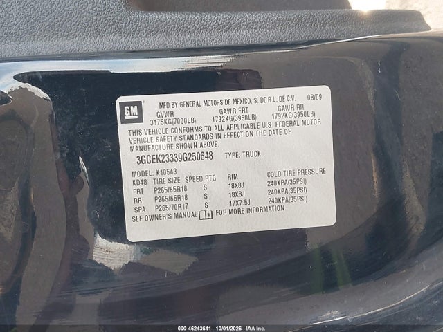 46243641 :رقم المزاد ، 3GCEK23339G250648 vin ، 2009 Chevrolet Silverado 1500 Lt مزاد بيع