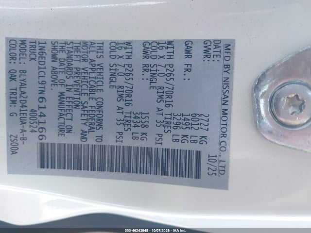 2026 Nissan Frontier King Cab S 4x2 მანქანა იყიდება აუქციონზე, vin: 1N6ED1CL9TN614166, აუქციონის ნომერი: 46243649