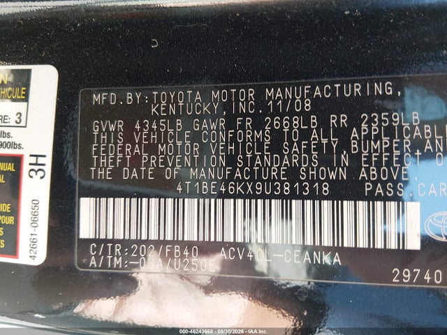 Aukcja sprzedaży 2009 Toyota Camry Le, vin: 4T1BE46KX9U381318, numer aukcji: 46243668