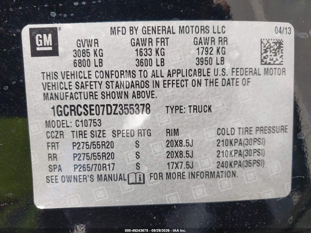 Aukcja sprzedaży 2013 Chevrolet Silverado 1500 Lt, vin: 1GCRCSE07DZ355378, numer aukcji: 46243678