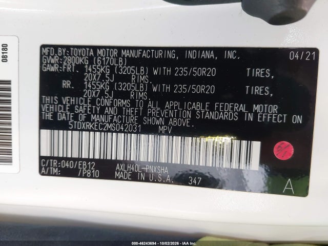 46243694 :رقم المزاد ، 5TDXRKEC2MS042031 vin ، 2021 Toyota Sienna Xse مزاد بيع