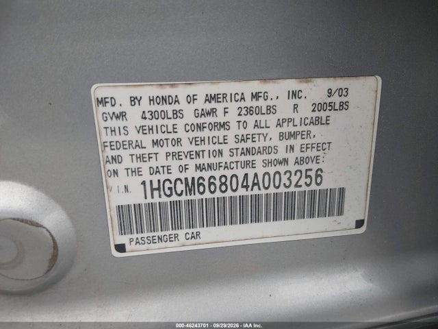 Продажа на аукционе авто 2004 Honda Accord 3.0 Ex, vin: 1HGCM66804A003256, номер лота: 46243701